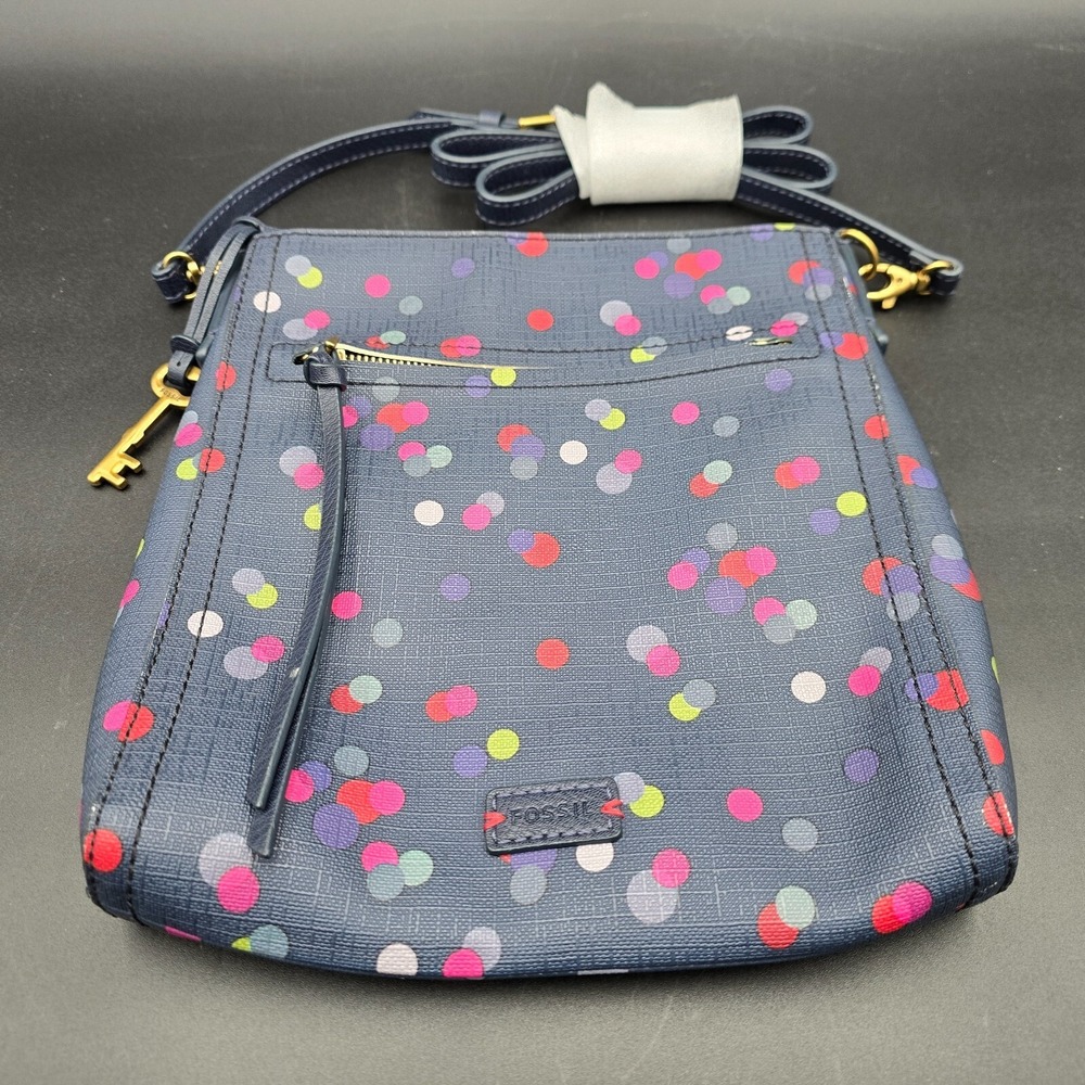 Fossil Purse Emma Navy Polka Dot Fiesta Coated Canvas Crossbody Bag